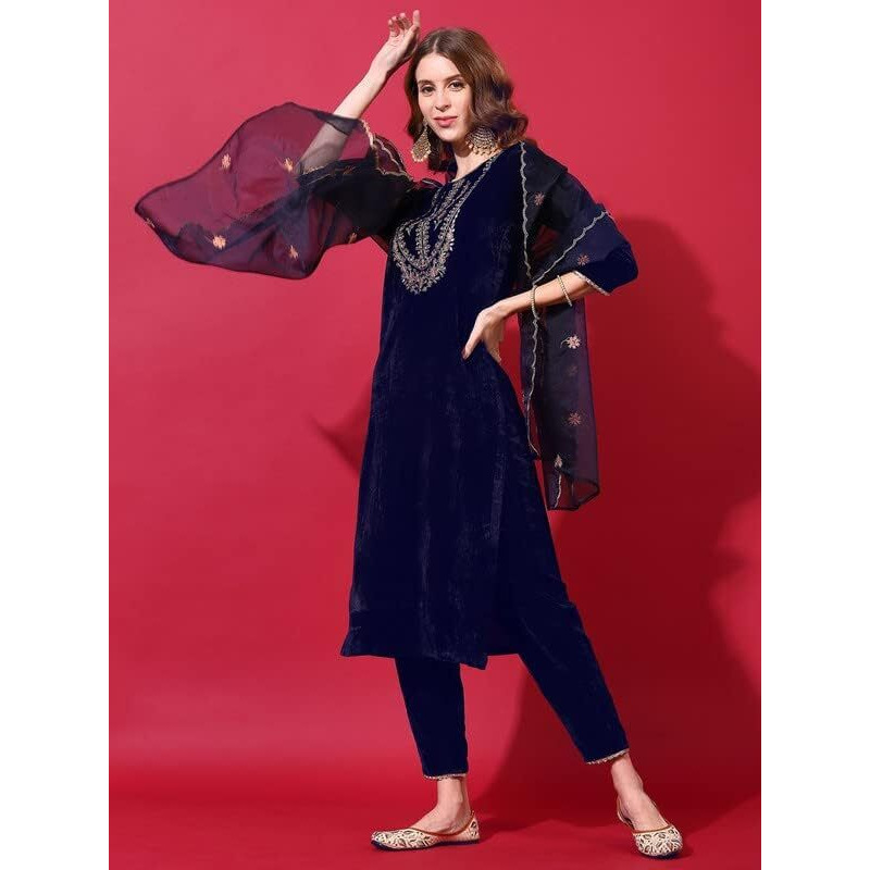 Sanisa Women's Velvet Embroidery Straight Kurta Set with Dupatta (27Kbd361N-Xl_Navy Blue)