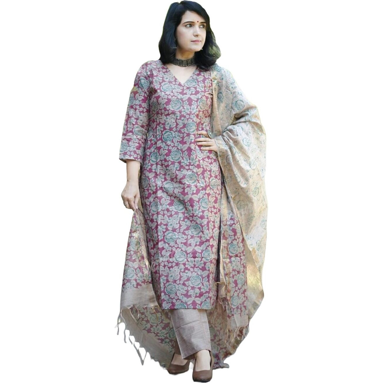 GoSriKi Women's Cotton Blend Printed Straight Kurta with Pant & Dupatta (Moringa Pink-JL-GS_L_Pink_Large)
