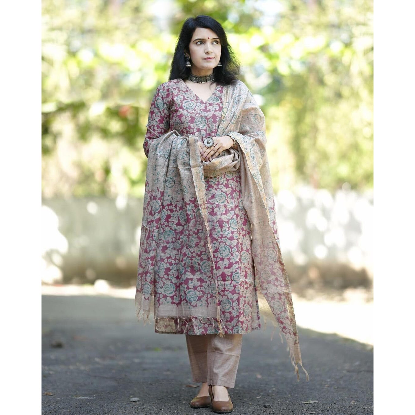 GoSriKi Women's Cotton Blend Printed Straight Kurta with Pant & Dupatta (Moringa Pink-JL-GS_L_Pink_Large)