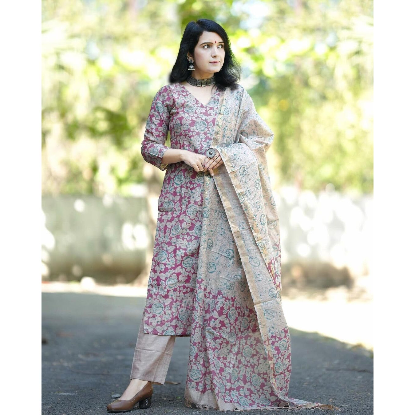 GoSriKi Women's Cotton Blend Printed Straight Kurta with Pant & Dupatta (Moringa Pink-JL-GS_L_Pink_Large)