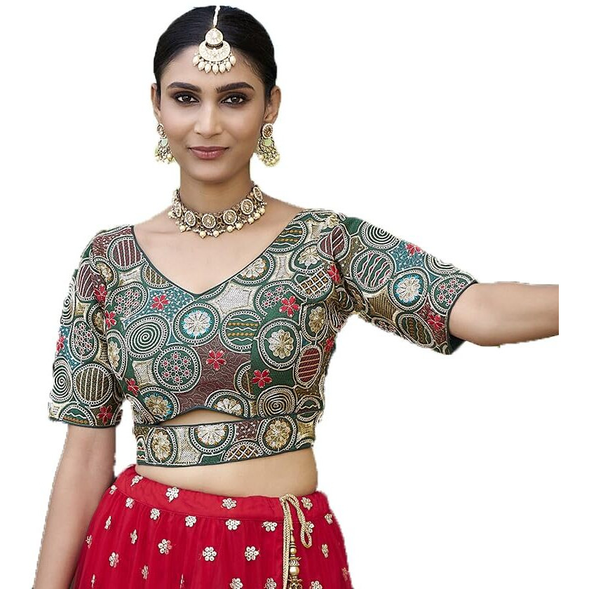 Pujia Mills Women's Blouse Readymade Blouse Embroidery Multi Coding Gold Thread Blouses Handwork Dark Green Color Readymade Saree Blouse for Women for Saree and Lehenga Choli (A2420 Bottle Green 38)