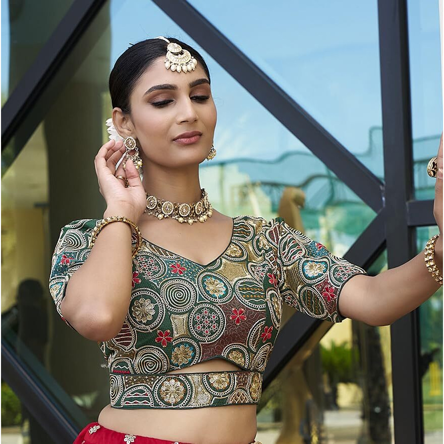 Pujia Mills Women's Blouse Readymade Blouse Embroidery Multi Coding Gold Thread Blouses Handwork Dark Green Color Readymade Saree Blouse for Women for Saree and Lehenga Choli (A2420 Bottle Green 38)