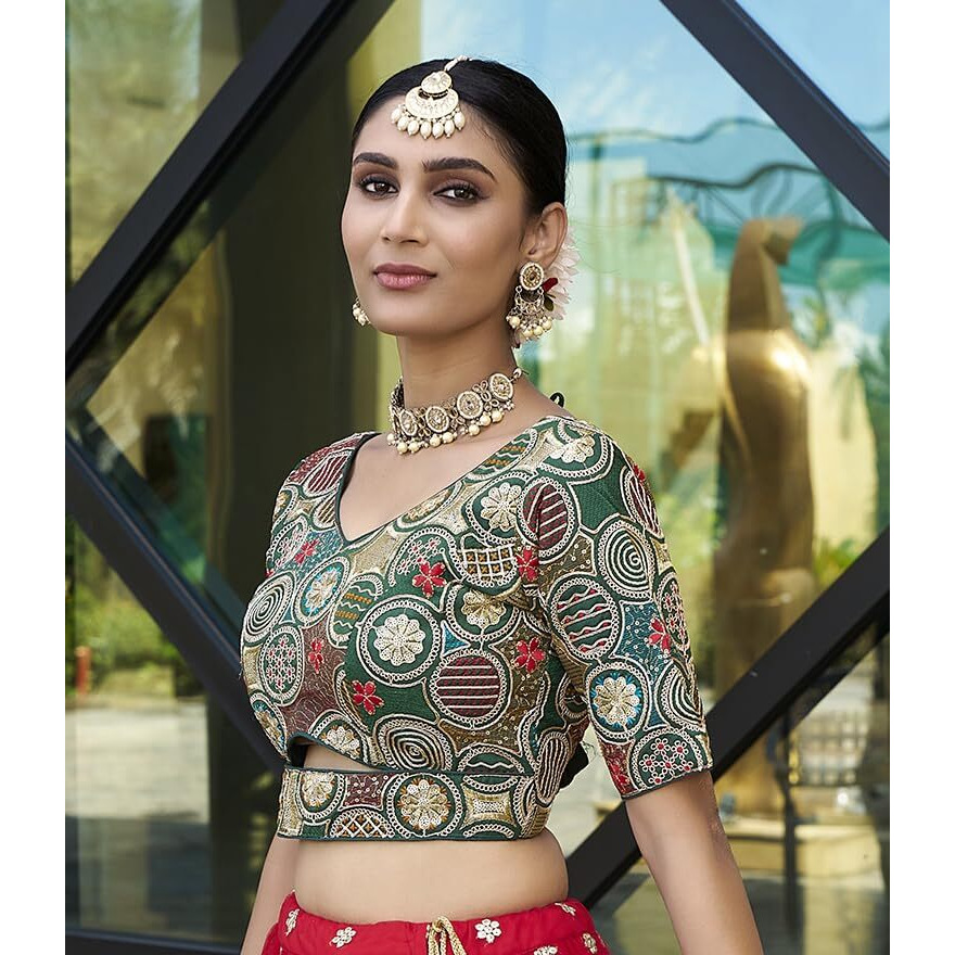 Pujia Mills Women's Blouse Readymade Blouse Embroidery Multi Coding Gold Thread Blouses Handwork Dark Green Color Readymade Saree Blouse for Women for Saree and Lehenga Choli (A2420 Bottle Green 38)