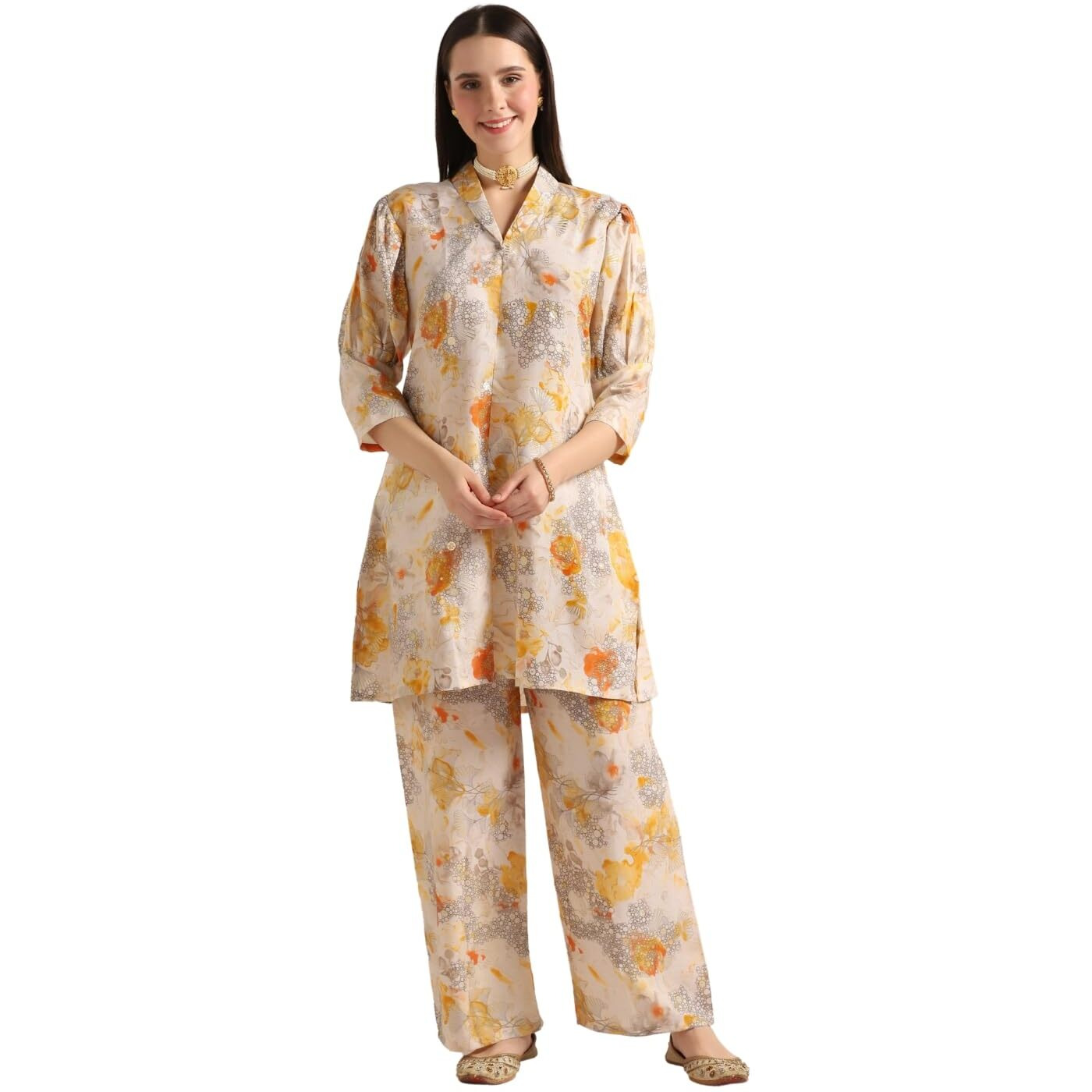Leriya Fashion Soft Cotton Blend Floral Foil Print Puff Sleeve Shawl Collar Straight Kurta Pant Set for Women Causal Festival Office Shopping Outing Wear for Girls Ethnic Co Ord Set (X-Large, Yellow)