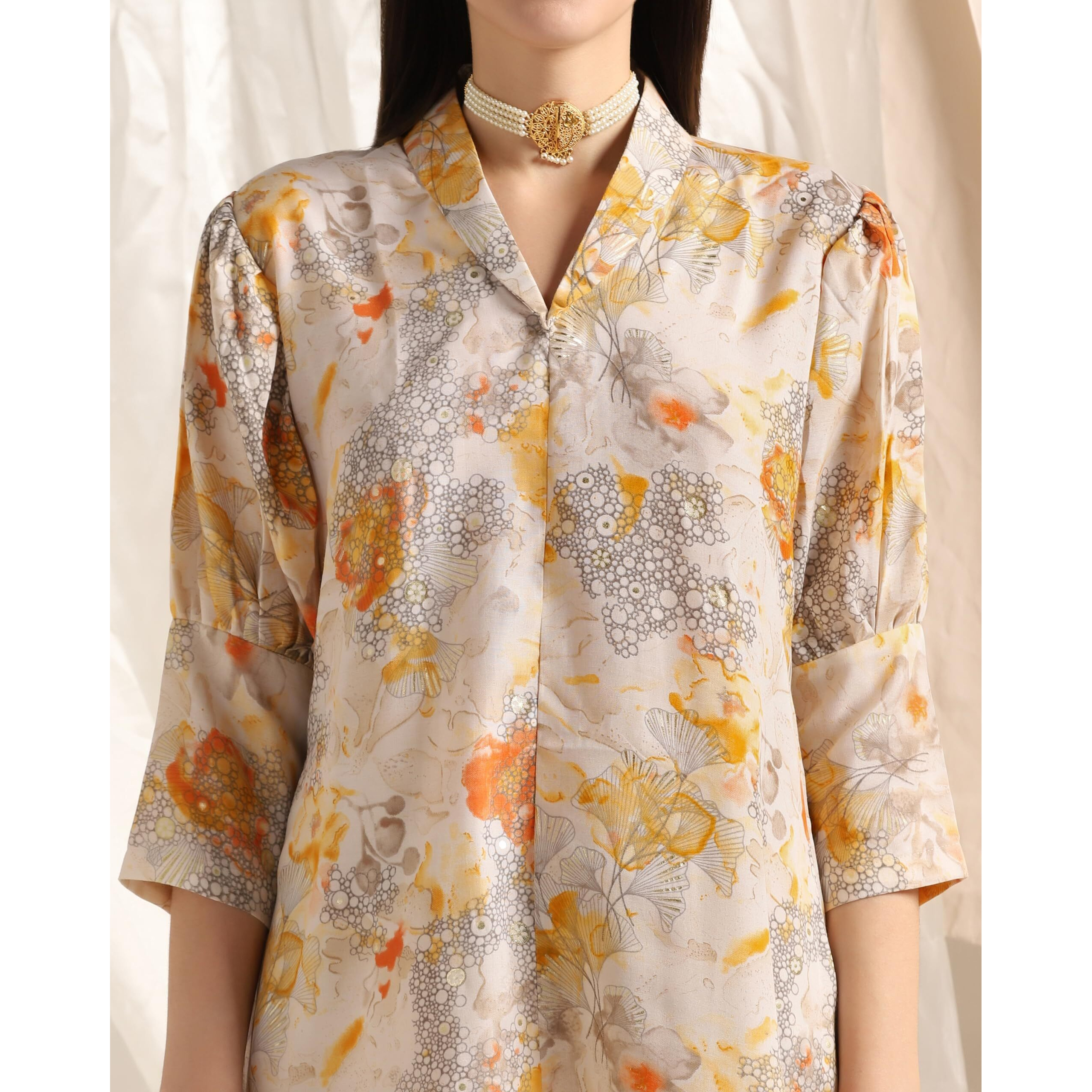 Leriya Fashion Soft Cotton Blend Floral Foil Print Puff Sleeve Shawl Collar Straight Kurta Pant Set for Women Causal Festival Office Shopping Outing Wear for Girls Ethnic Co Ord Set (X-Large, Yellow)