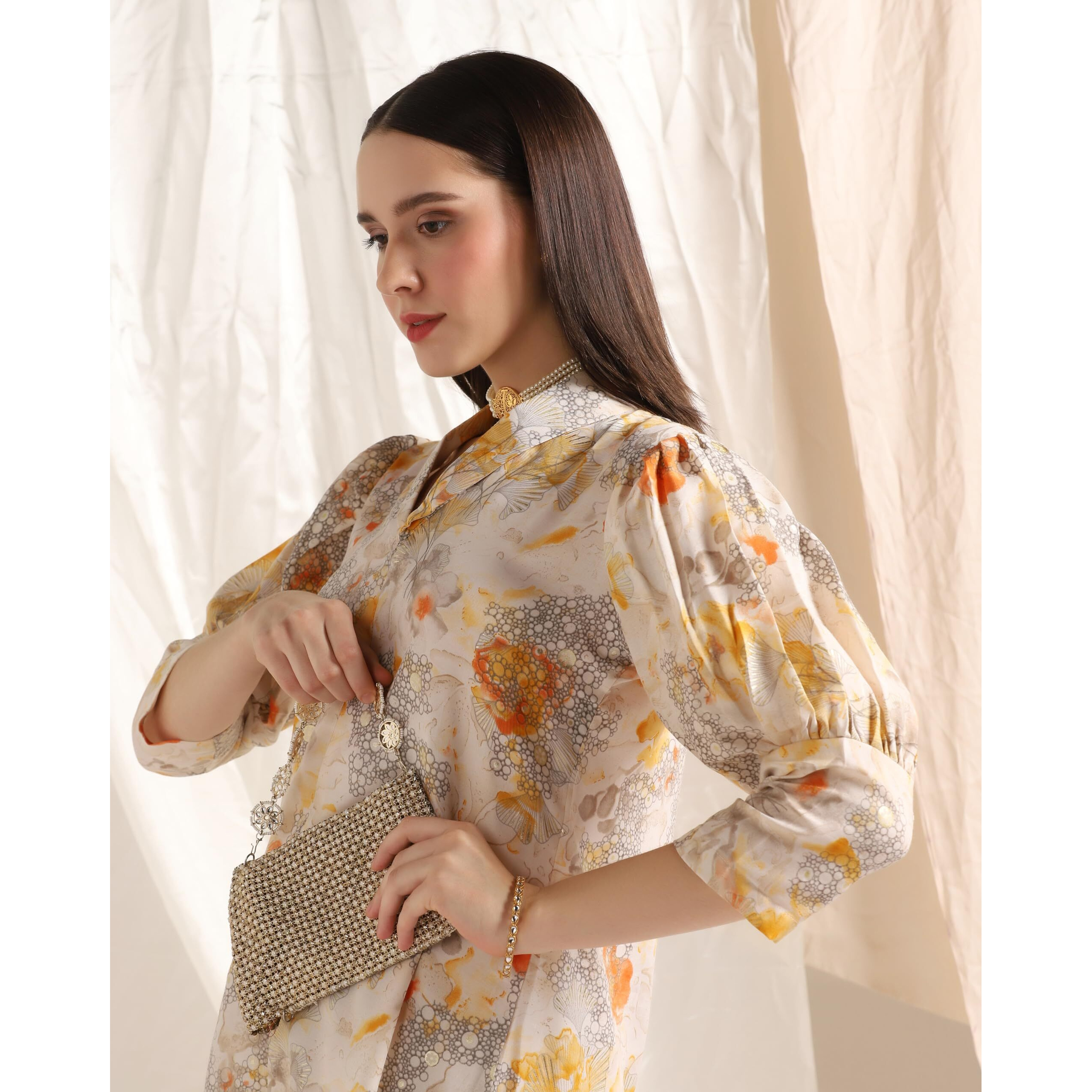 Leriya Fashion Soft Cotton Blend Floral Foil Print Puff Sleeve Shawl Collar Straight Kurta Pant Set for Women Causal Festival Office Shopping Outing Wear for Girls Ethnic Co Ord Set (X-Large, Yellow)