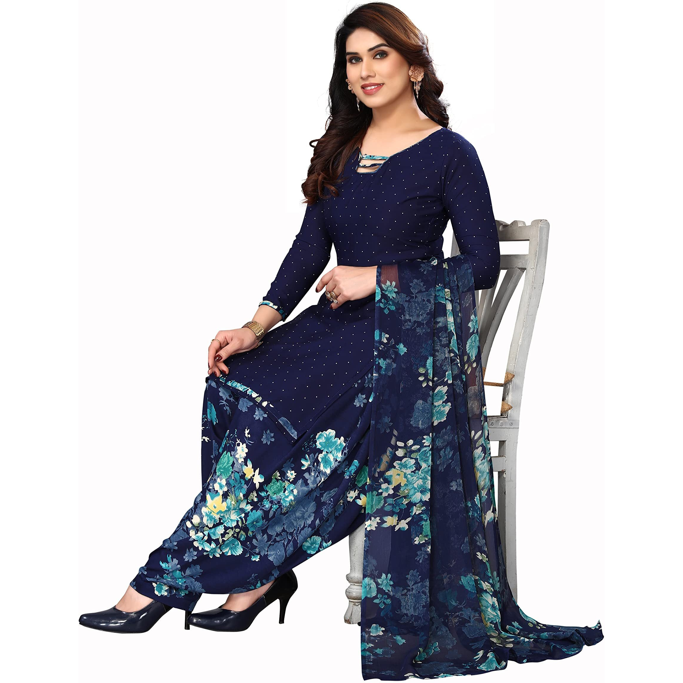 Yashika Women's Crepe Printed Unstitched Salwar Suit Dress Material With Dupatta(NEW-BLUE FLOWER)