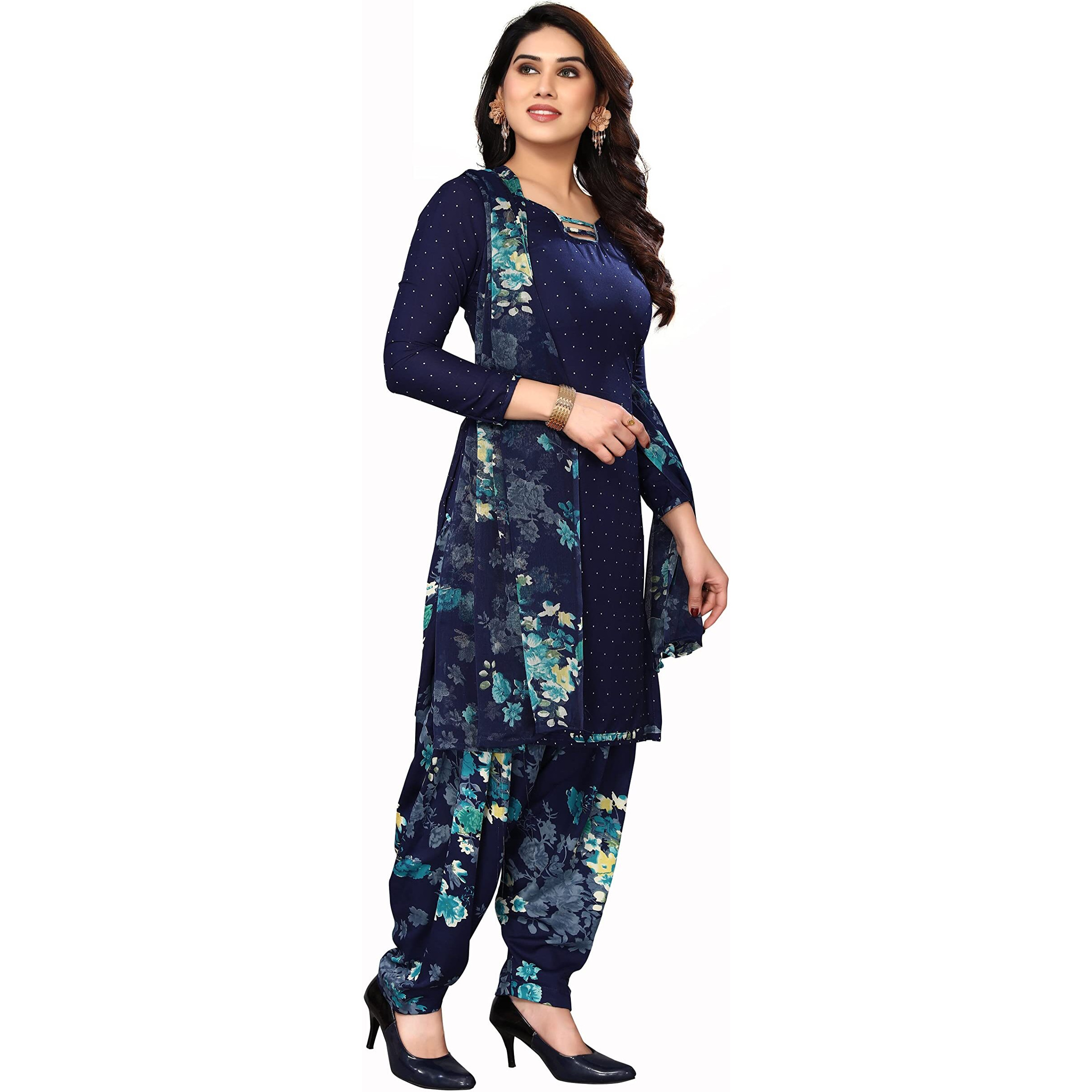 Yashika Women's Crepe Printed Unstitched Salwar Suit Dress Material With Dupatta(NEW-BLUE FLOWER)