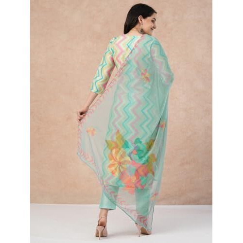 ANNI DESIGNER Women's Rayon Blend Straight Printed Kurta with Pant & Dupatta (Zaggu Pista_XL_Pista_X-Large)