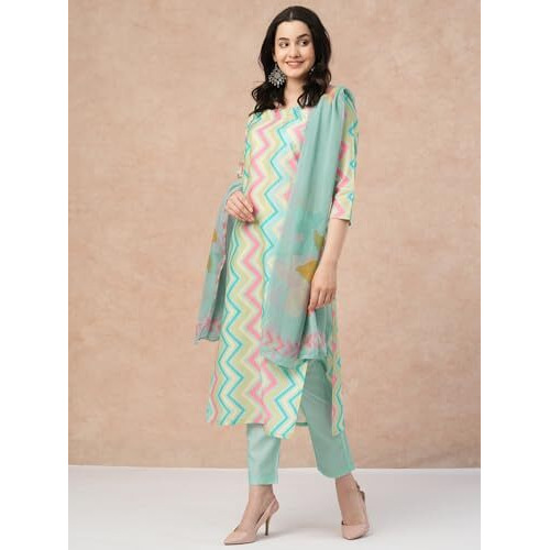 ANNI DESIGNER Women's Rayon Blend Straight Printed Kurta with Pant & Dupatta (Zaggu Pista_XL_Pista_X-Large)
