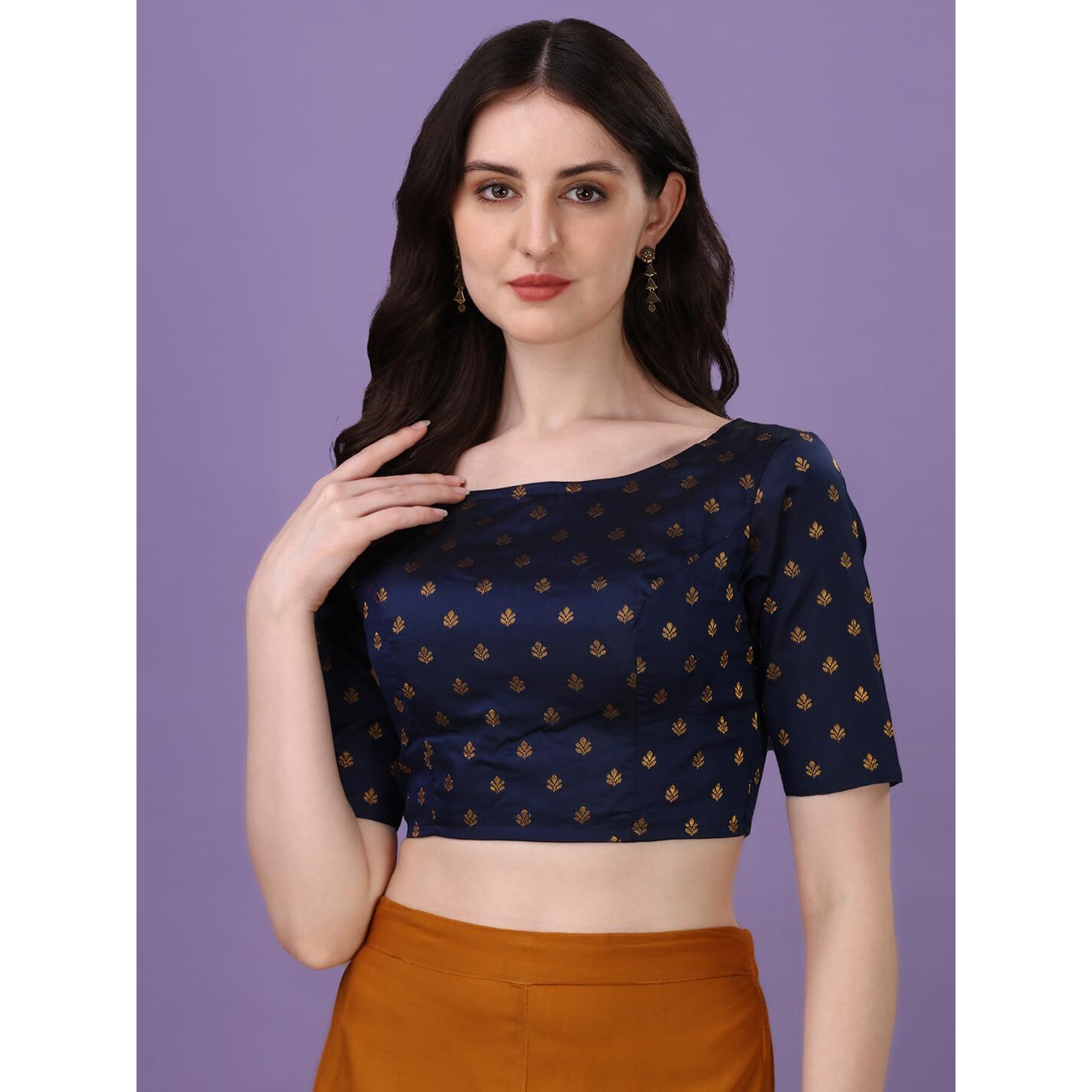 OOMPH Women's Indian Ethnic Wear Designer Leaf Pattern Boat Neck Half Sleeve Brocade Navy Blue Blouse for Saree or Lehnga and BlousePalazzos or Skirts for a Fusion Twist.
