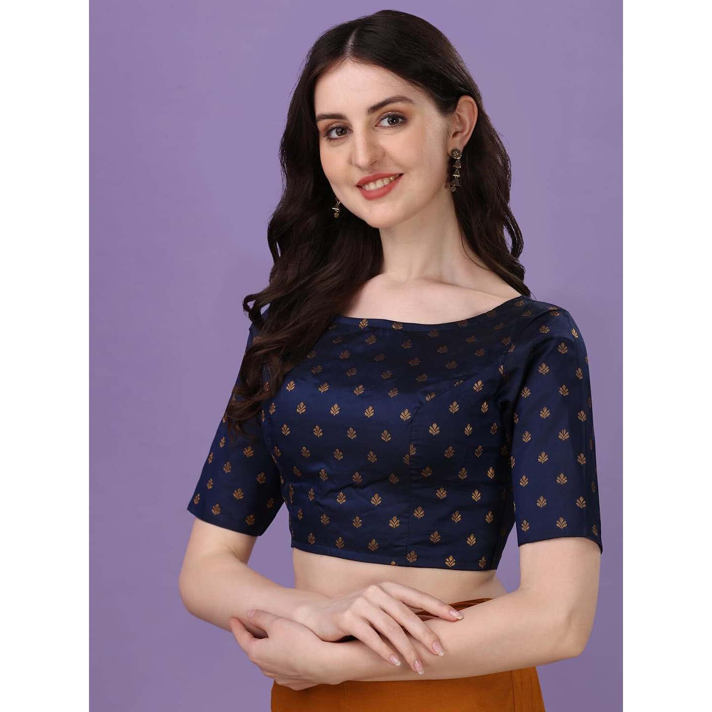 OOMPH Women's Indian Ethnic Wear Designer Leaf Pattern Boat Neck Half Sleeve Brocade Navy Blue Blouse for Saree or Lehnga and BlousePalazzos or Skirts for a Fusion Twist.
