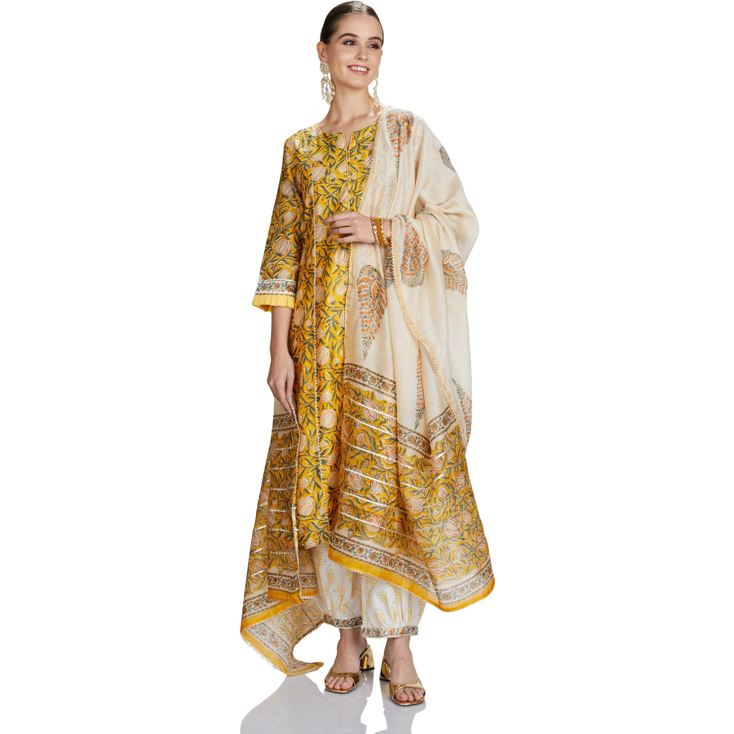 Amazon Brand - Myx Women's Silk Blend Salwar Suit (AW23-MYX-MRVL-SKD03_SANGANERI Yellow_XS)