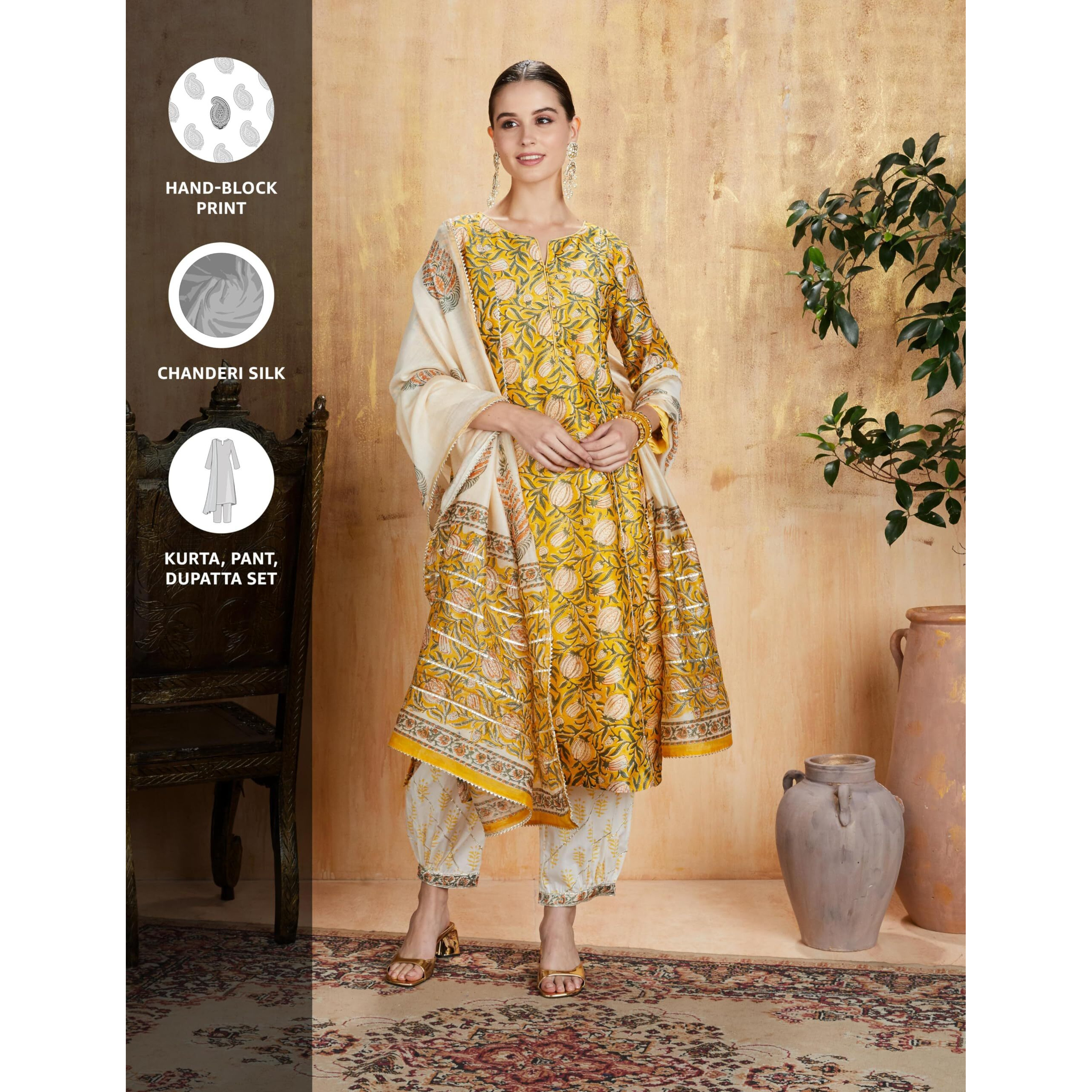 Amazon Brand - Myx Women's Silk Blend Salwar Suit (AW23-MYX-MRVL-SKD03_SANGANERI Yellow_XS)