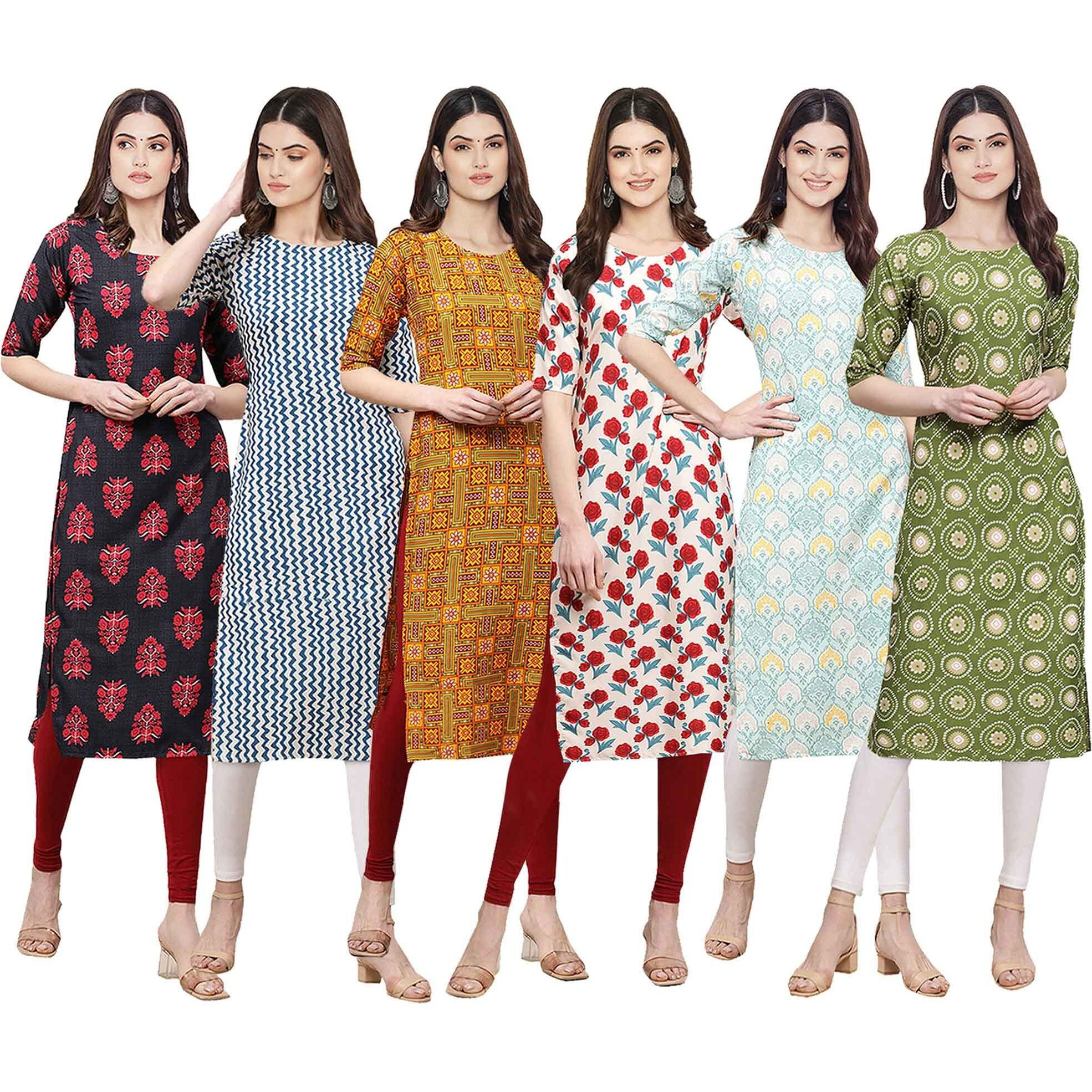 Pinkmint Women's Crepe Digital Print Straight Kurta [Pack of 6] (CKE-345-331-333-342-343-338-XL)