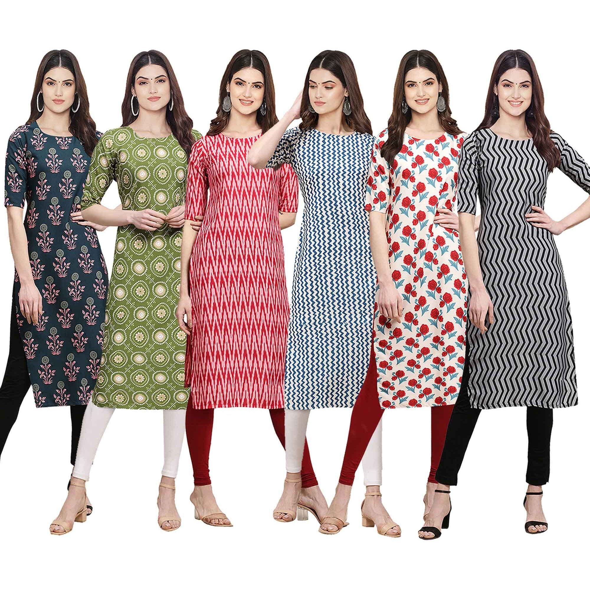 Pinkmint Women's Crepe Digital Print Straight Kurta [Pack of 6] (CKE-335-338-328-331-342-336-L)