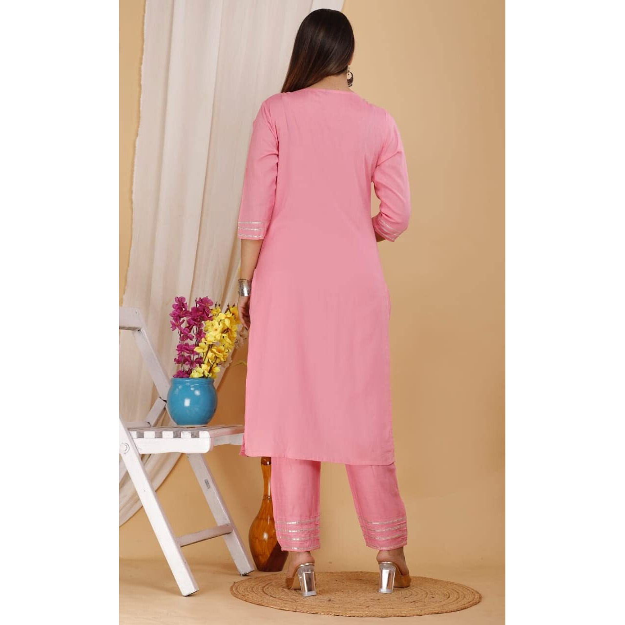 DIGITAL SHOPEE Pink Kurti with Pant and Dupatta Set for Women Medium