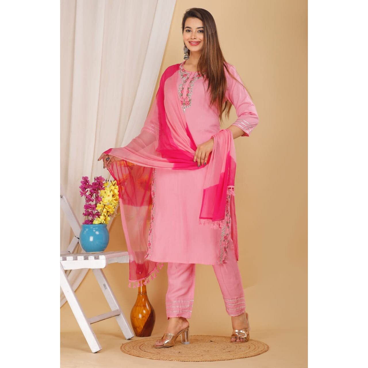 DIGITAL SHOPEE Pink Kurti with Pant and Dupatta Set for Women Medium