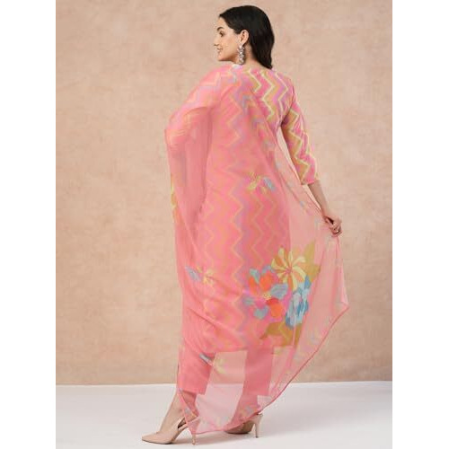 ANNI DESIGNER Women's Rayon Blend Straight Printed Kurta with Pant & Dupatta (Zaggu Pink_S_Pink_Small)