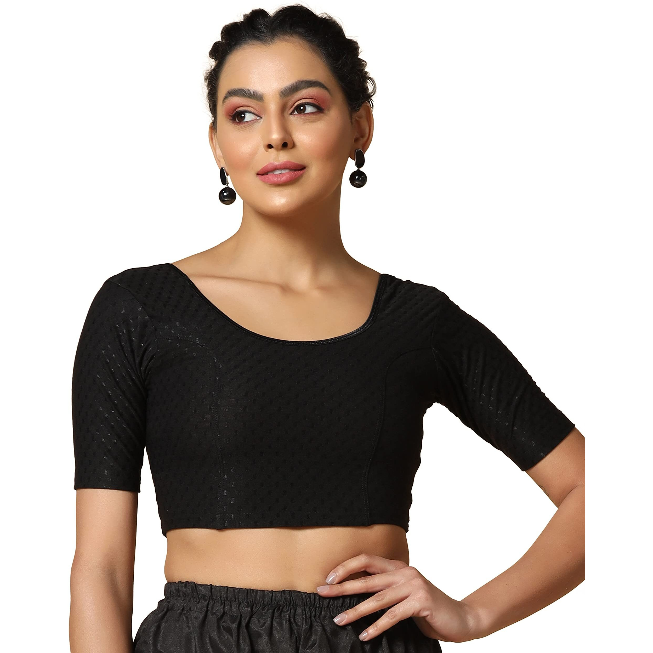 TOPLOT Cotton Blend Lycra Stretchable Round Neck Blouses for Women Readymade (Blouse-5058-Black-36)