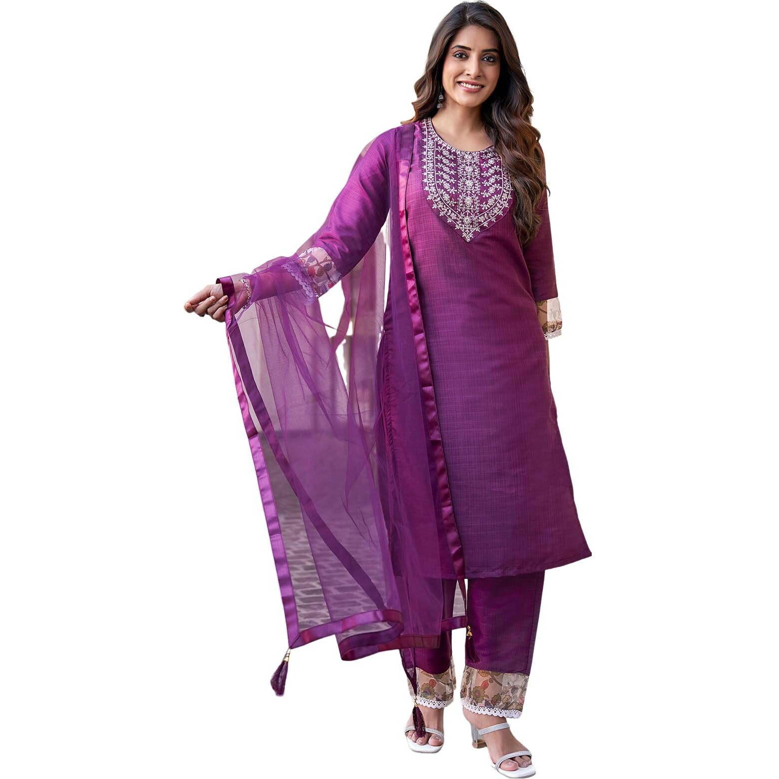 Sanisa Women's Art Silk Sequence Embroidery Work Straight Kurta with Pant and Dupatta (163KBD1755N-L_Wine5) Wine