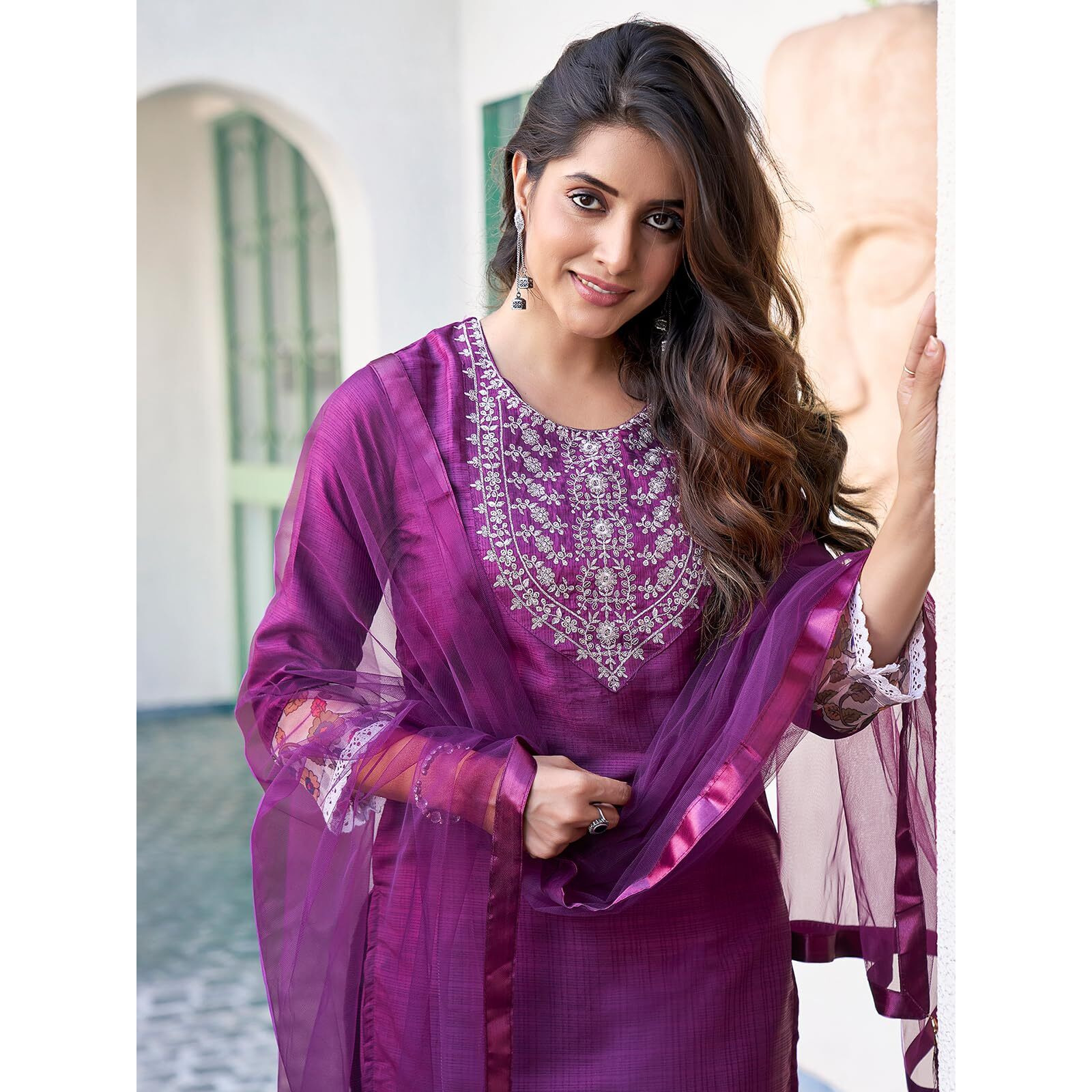 Sanisa Women's Art Silk Sequence Embroidery Work Straight Kurta with Pant and Dupatta (163KBD1755N-L_Wine5) Wine