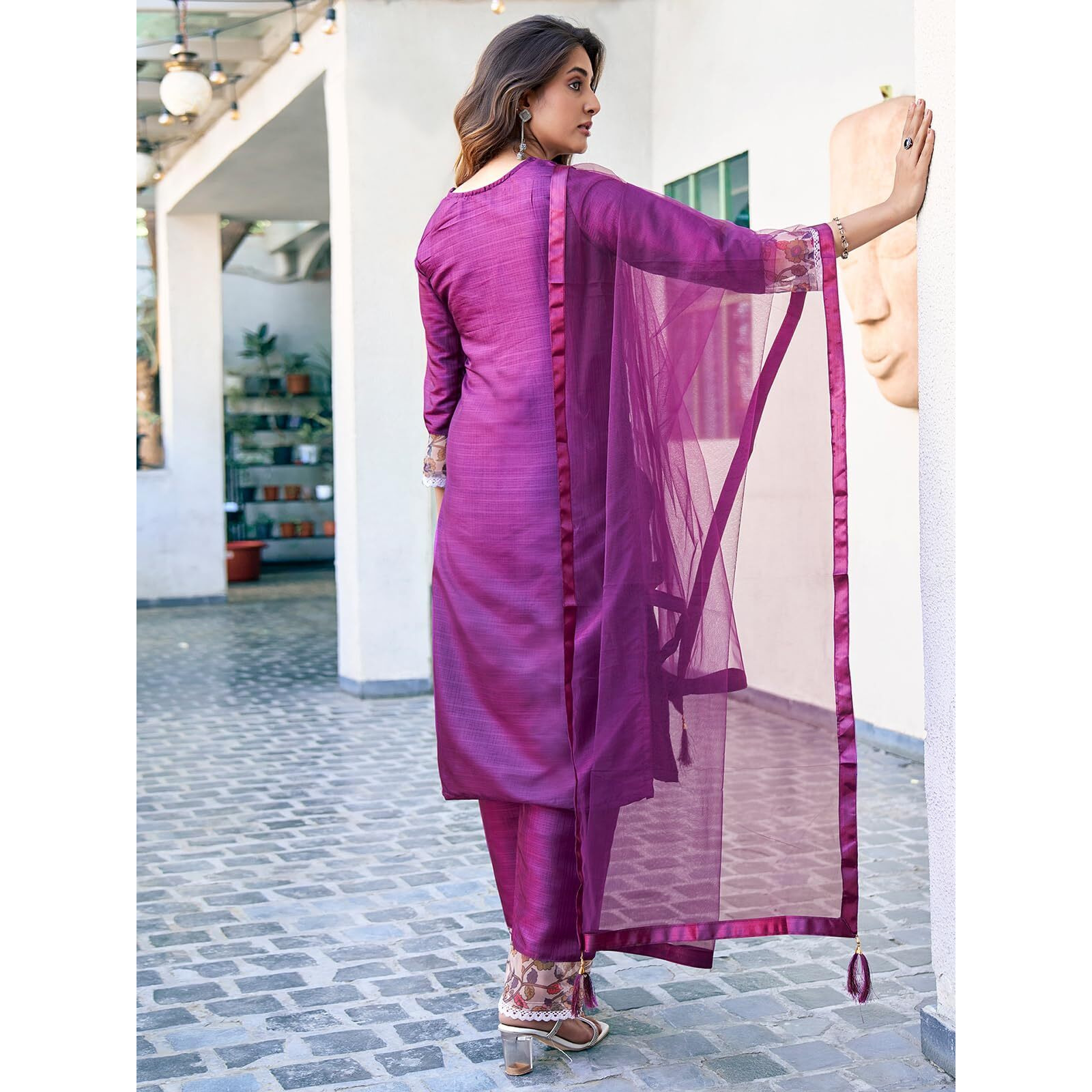 Sanisa Women's Art Silk Sequence Embroidery Work Straight Kurta with Pant and Dupatta (163KBD1755N-L_Wine5) Wine
