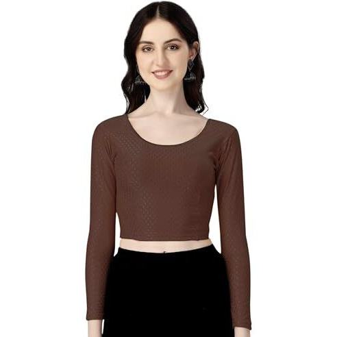 Shiv Textiles Round Neck Dobby Cotton Lycra Stretchable Elbow Sleeve Readymade Saree Blouse for Women Stylish (BrownPluse Size Full Sleeve)