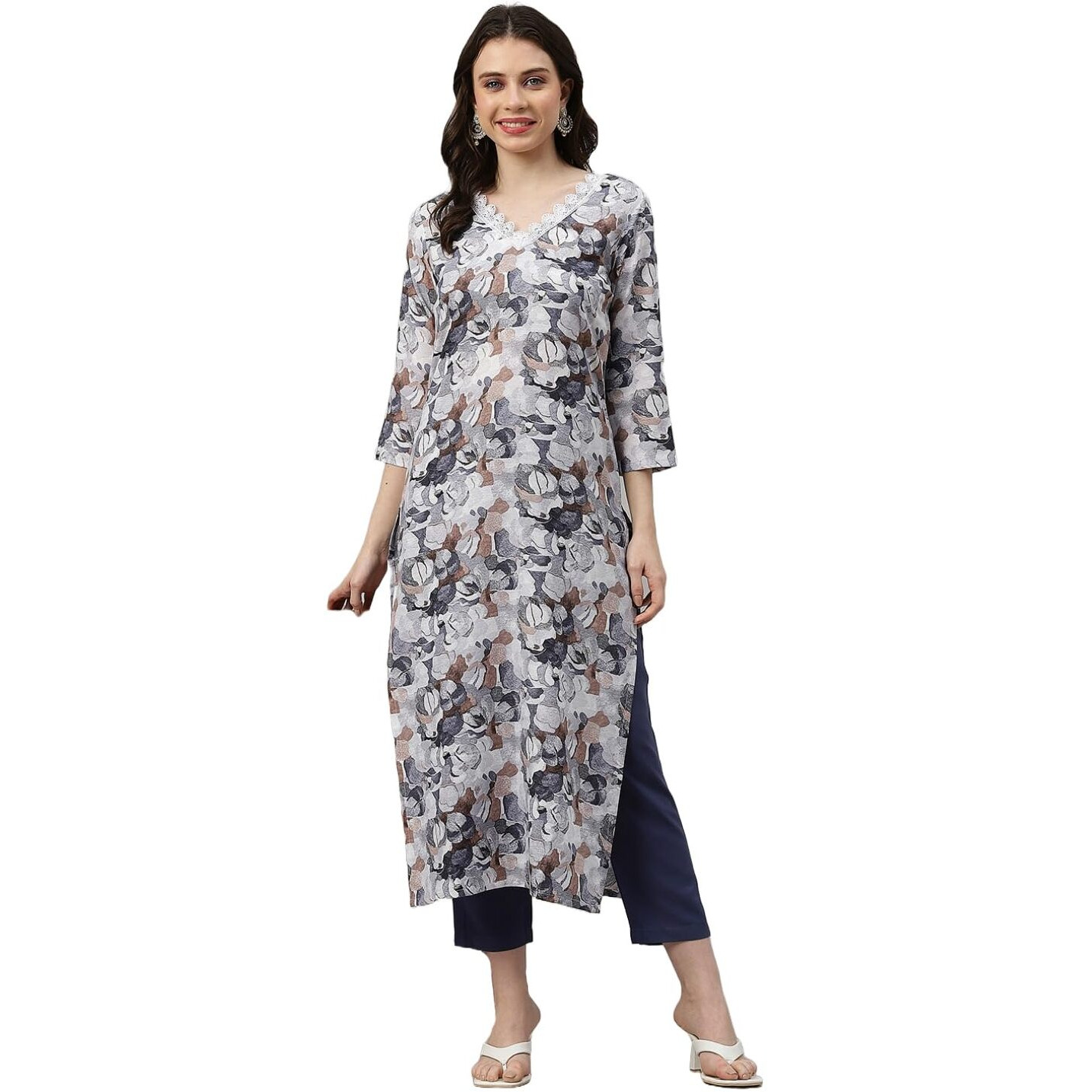 GoSriKi Women's Cotton Blend Straight Printed Kurta with Pant (SouthZ Grey-GS_XL_Blue_X-Large)