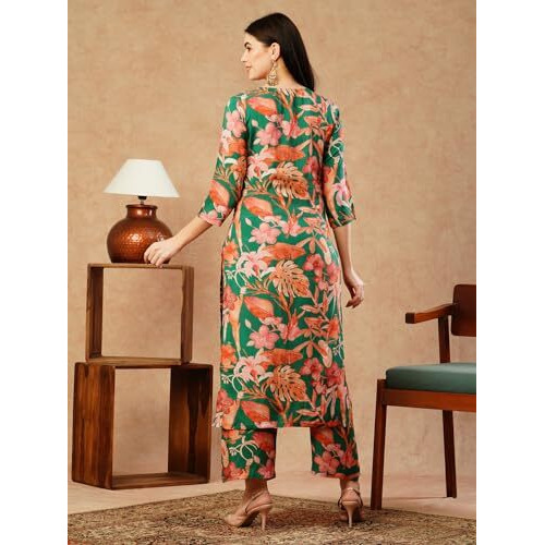 ANNI DESIGNER Women's Cotton Blend Straight Printed Kurta with Palazzo (Chinki Green-NW_3XL_Green_XXX-Large)