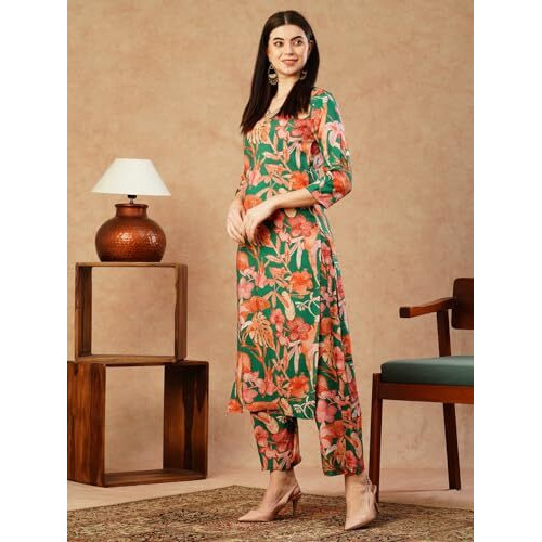 ANNI DESIGNER Women's Cotton Blend Straight Printed Kurta with Palazzo (Chinki Green-NW_3XL_Green_XXX-Large)
