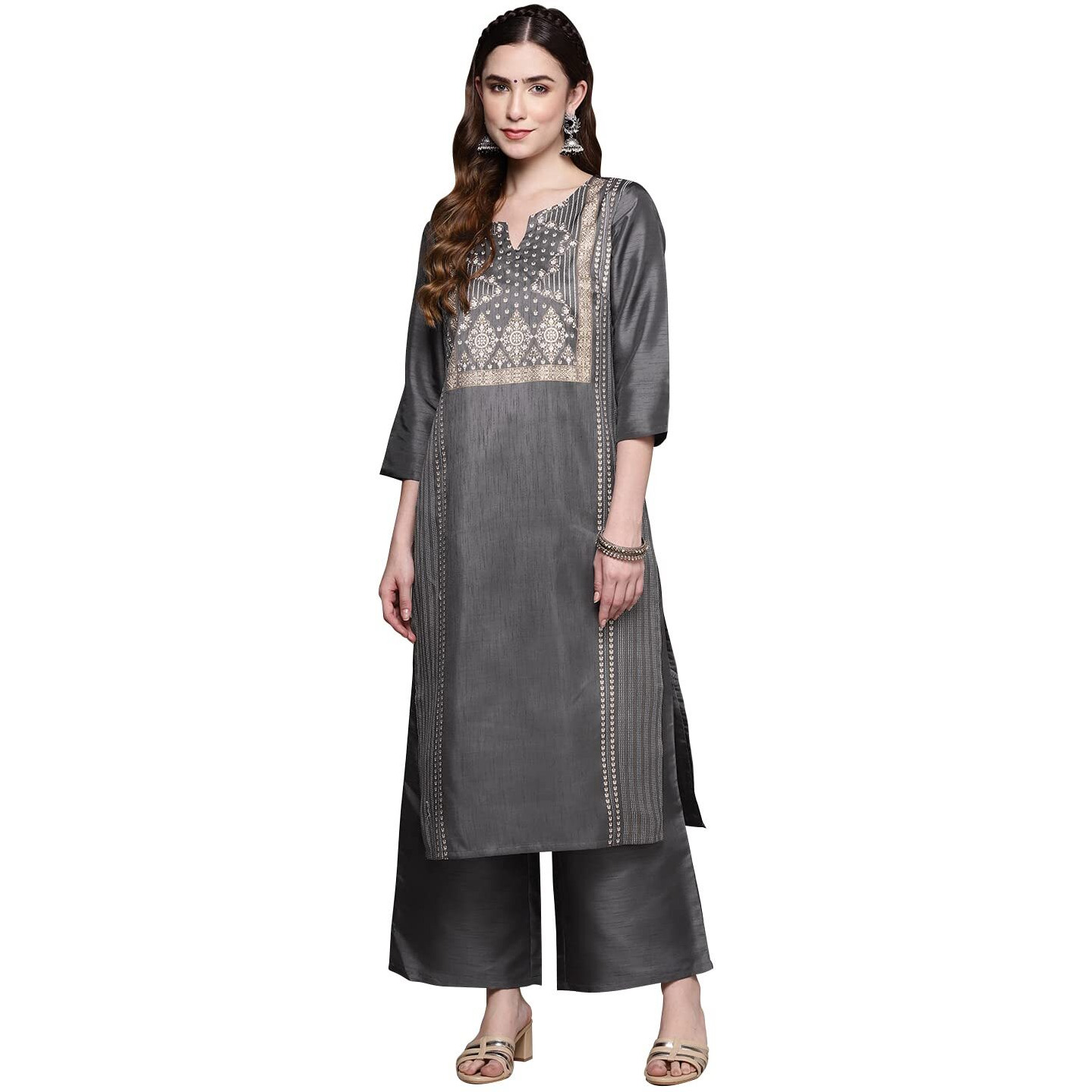 ZIYAA Art Silk Women's Sea Green Crepe Straight Kurta and Palazzo Set_Grey_S