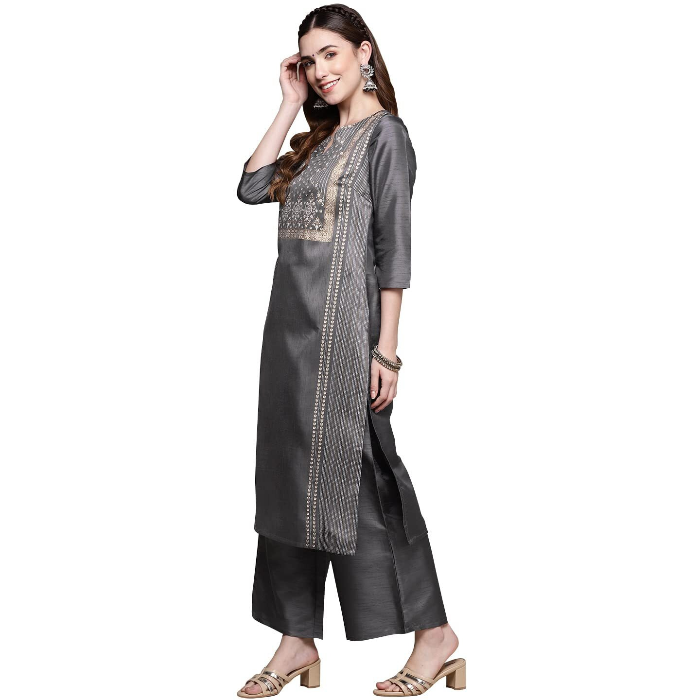 ZIYAA Art Silk Women's Sea Green Crepe Straight Kurta and Palazzo Set_Grey_S