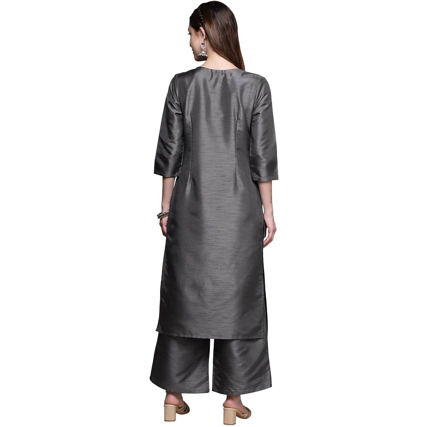 ZIYAA Art Silk Women's Sea Green Crepe Straight Kurta and Palazzo Set_Grey_S