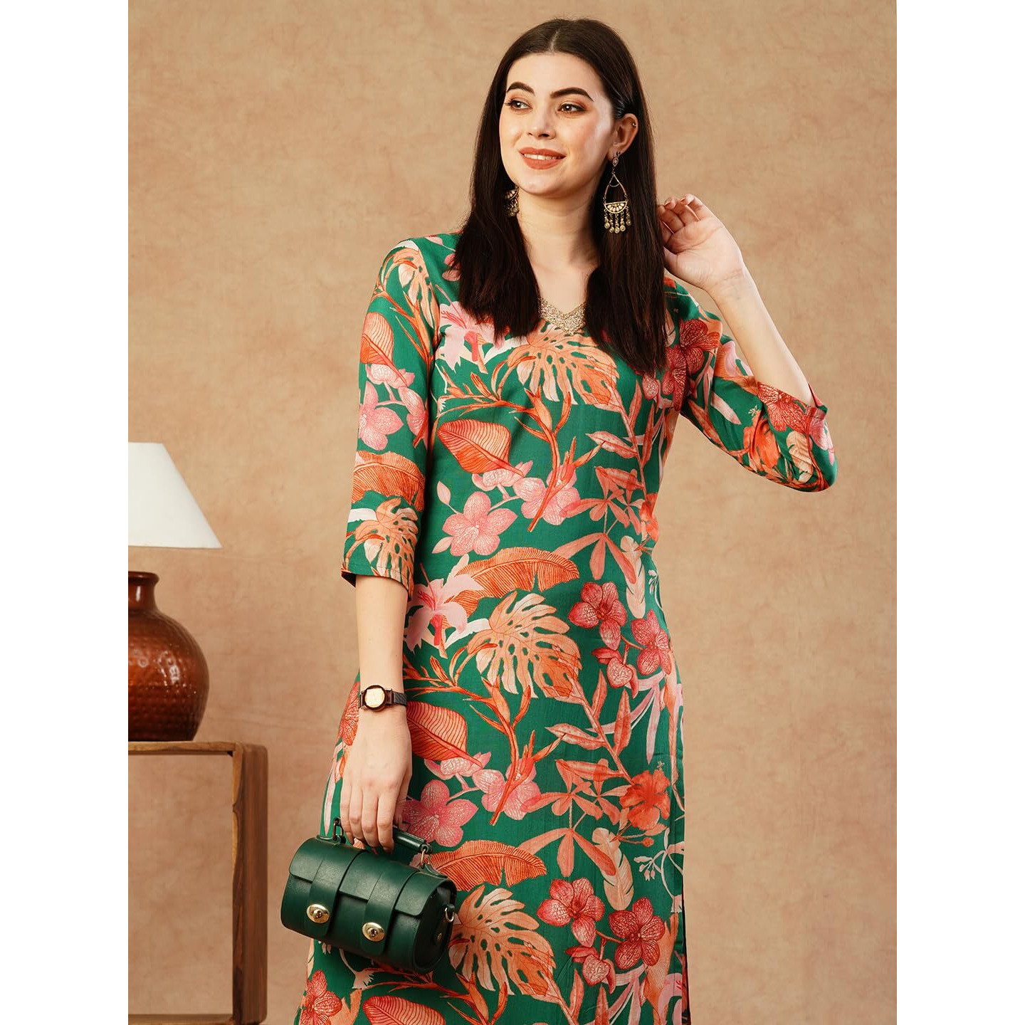 ANNI DESIGNER Women's Cotton Blend Straight Printed Kurta with Palazzo (Chinki Green-NW_XL_Green_X-Large)