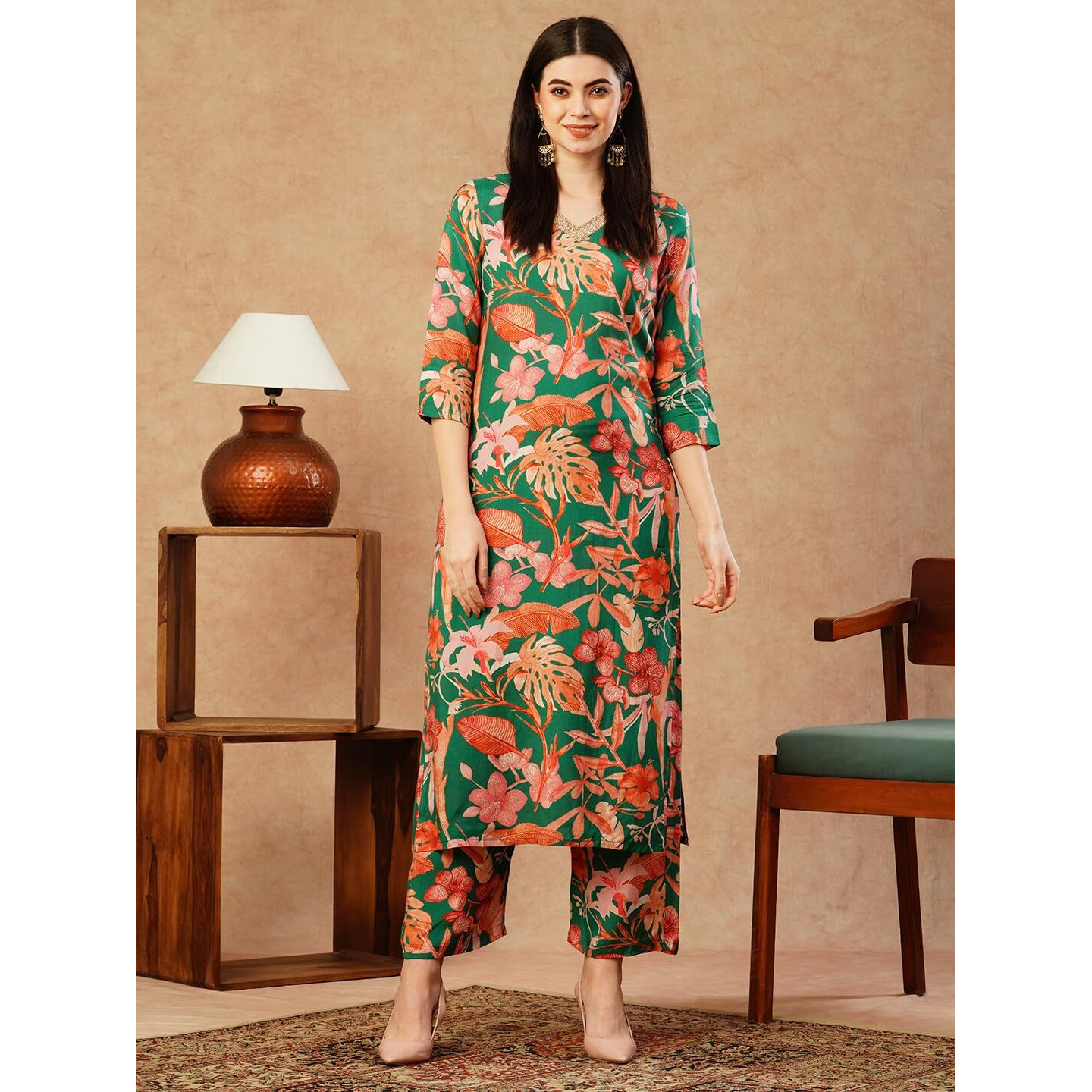 ANNI DESIGNER Women's Cotton Blend Straight Printed Kurta with Palazzo (Chinki Green-NW_XL_Green_X-Large)