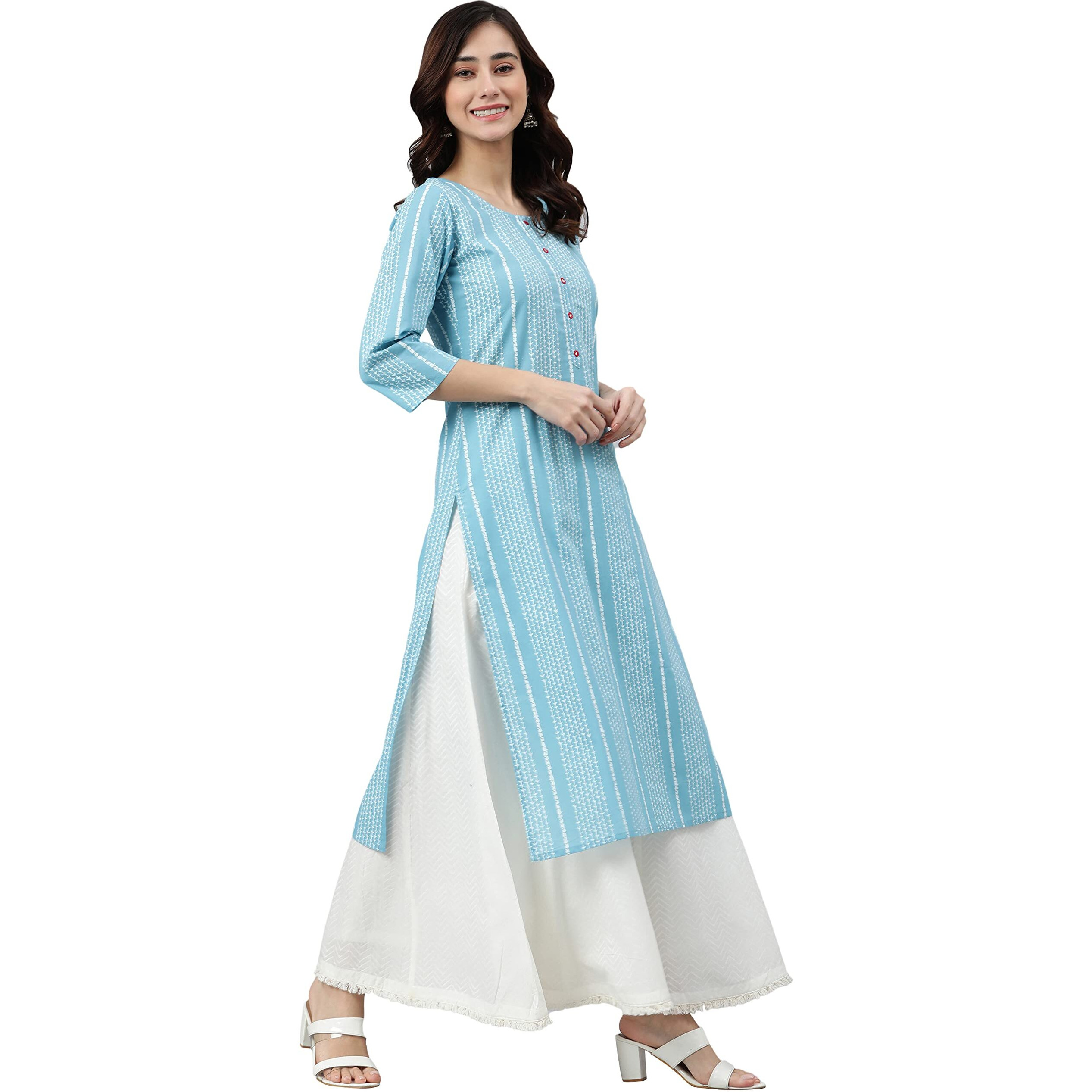 Janasya Women's Blue Cotton Striped Straight Kurta(JNE3787-KR-S)