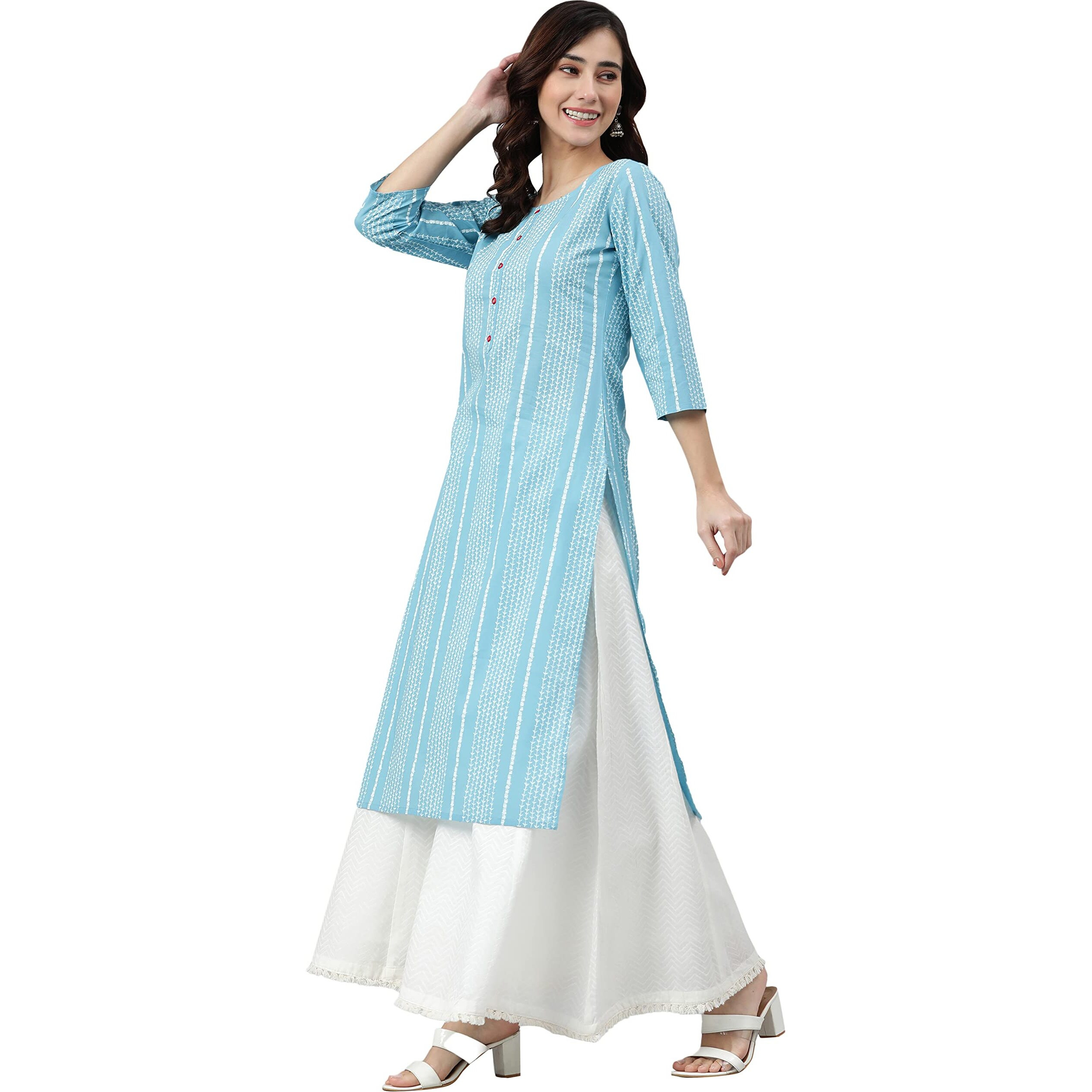Janasya Women's Blue Cotton Striped Straight Kurta(JNE3787-KR-S)