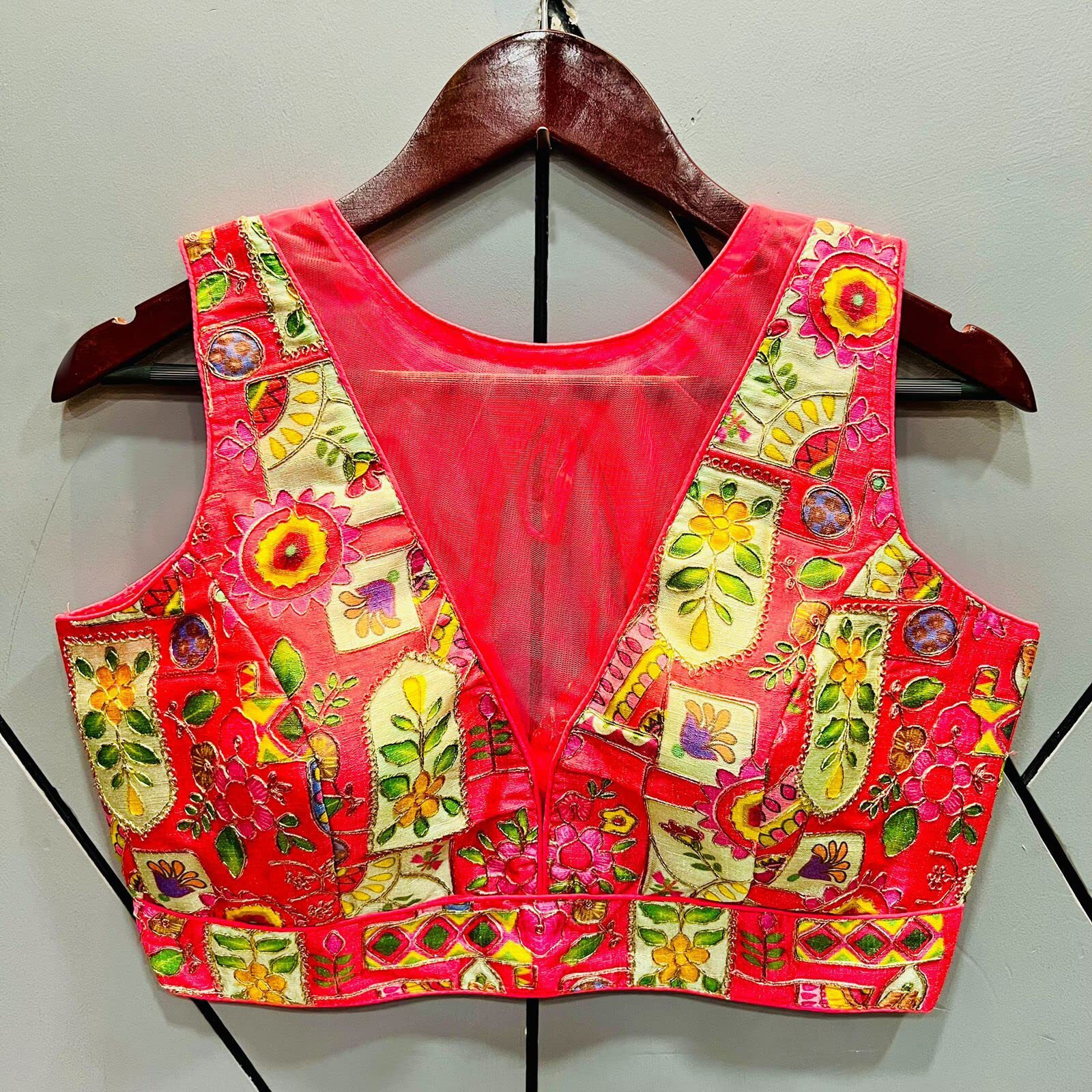 Pujia Mills Women's Phanotm Silk Floral Sleeveless Saree Blouse (PP 4_Dark Gajri_38)