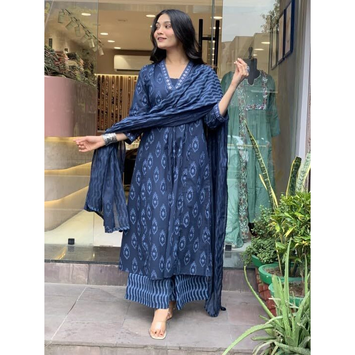 Alvami Women Printed A-Line Kurta and Pant set with Dupatta (IN, Alpha, L, Blue)