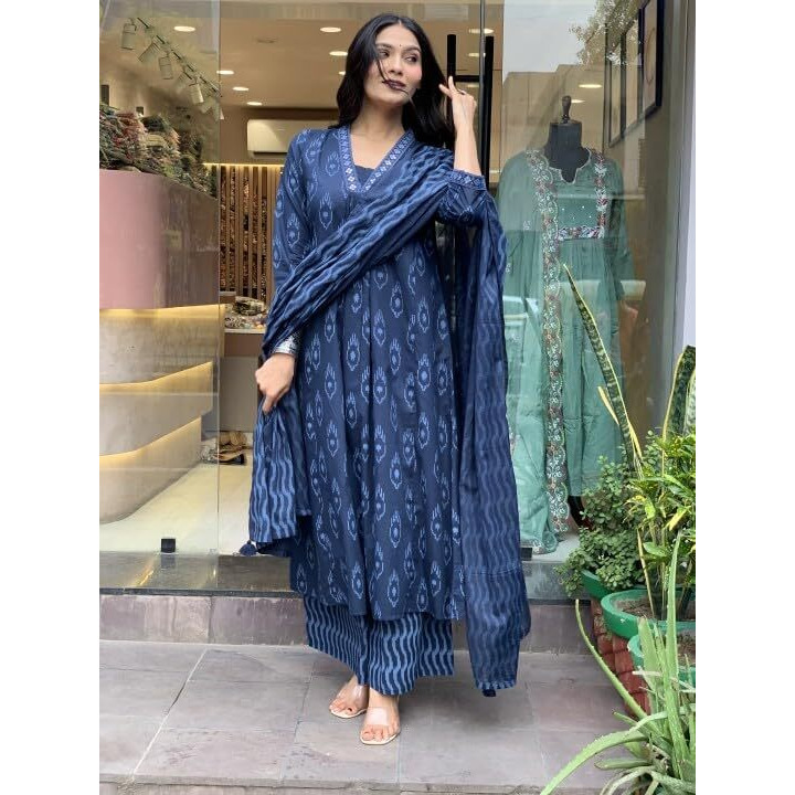 Alvami Women Printed A-Line Kurta and Pant set with Dupatta (IN, Alpha, L, Blue)
