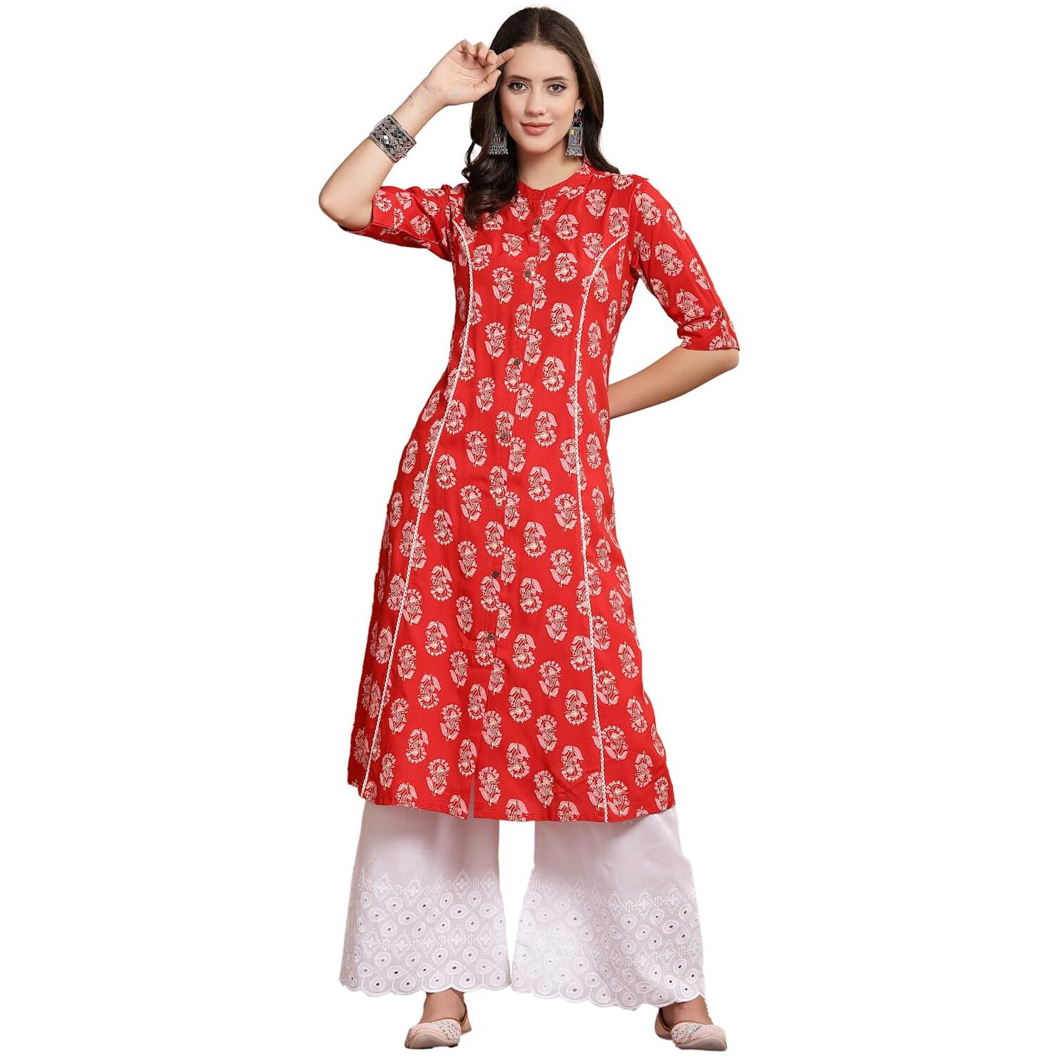 Stylum Women's Floral Printed Rayon A-Line Kurta (JOHNYRED36_Red, S)
