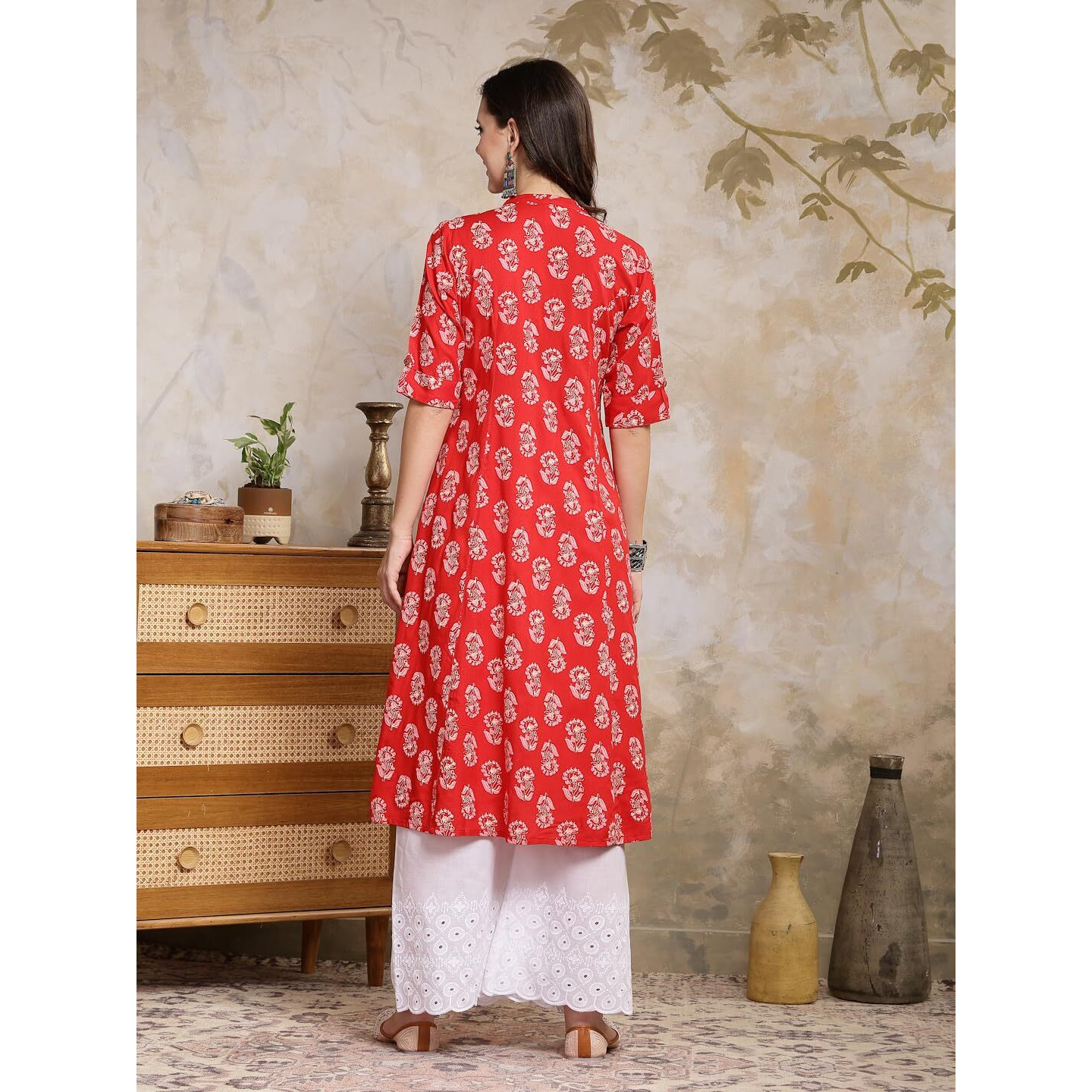Stylum Women's Floral Printed Rayon A-Line Kurta (JOHNYRED36_Red, S)