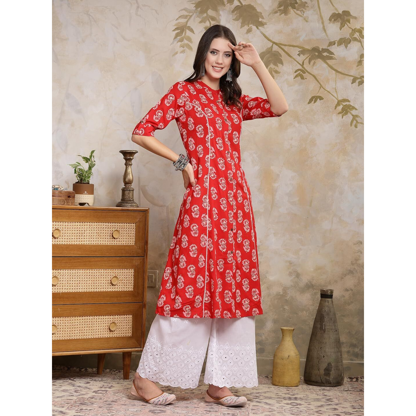 Stylum Women's Floral Printed Rayon A-Line Kurta (JOHNYRED36_Red, S)