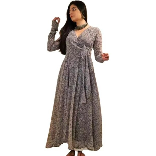 Fashion2wear Women's Georgette Fit and Flare V-Neck Gown Elegant Silhouette in Effortless Style | 3/4 Sleeve | Dress for Women (Grey | X-Large | Grey_Keri_XL)