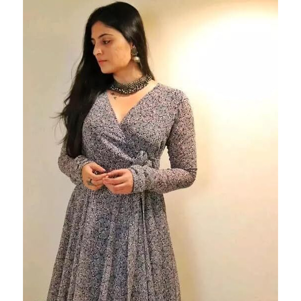Fashion2wear Women's Georgette Fit and Flare V-Neck Gown Elegant Silhouette in Effortless Style | 3/4 Sleeve | Dress for Women (Grey | X-Large | Grey_Keri_XL)