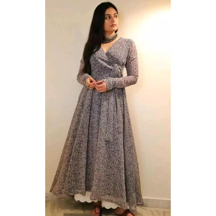 Fashion2wear Women's Georgette Fit and Flare V-Neck Gown Elegant Silhouette in Effortless Style | 3/4 Sleeve | Dress for Women (Grey | X-Large | Grey_Keri_XL)
