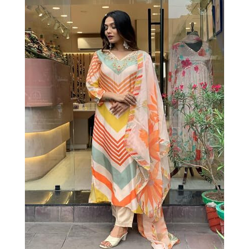 ANNI DESIGNER Women's Cotton Blend Straight Printed Kurta with Pant & Dupatta (Dhimi Cream_M_Cream_Medium)