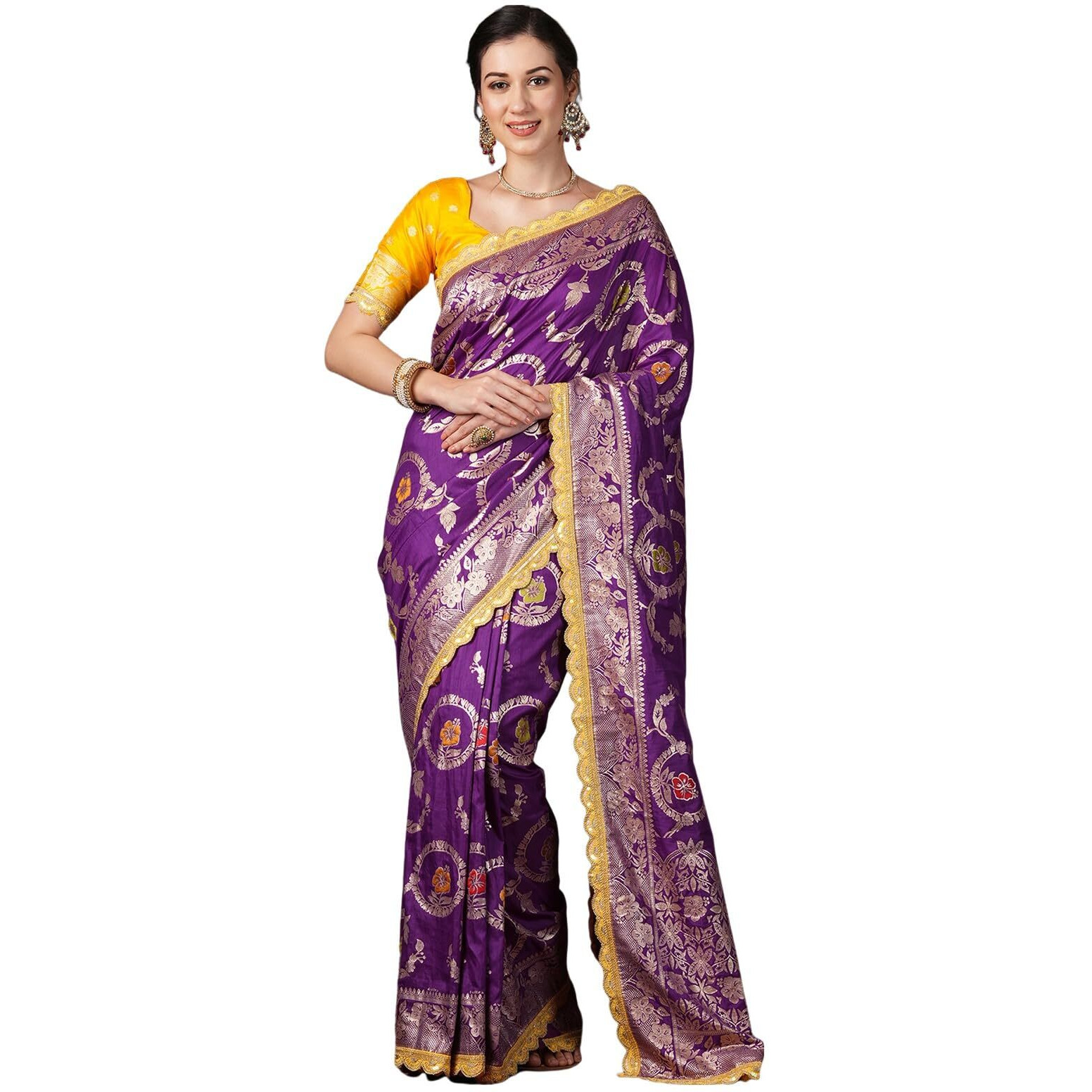 Satrani Women's Silk Blend Banarasi Jacquard Saree with Unstitched Blouse Piece (3800S301N_Deep Violet1)