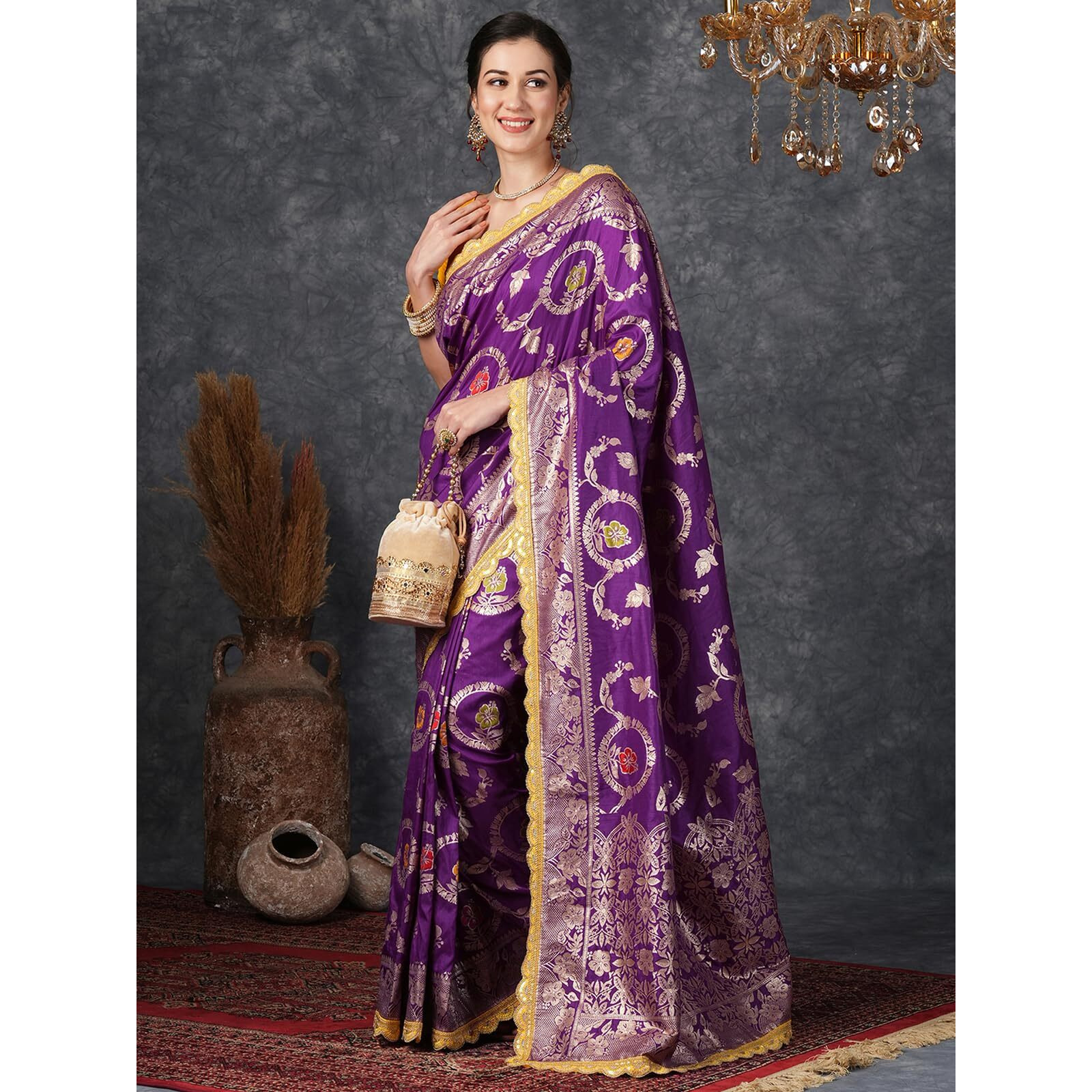 Satrani Women's Silk Blend Banarasi Jacquard Saree with Unstitched Blouse Piece (3800S301N_Deep Violet1)